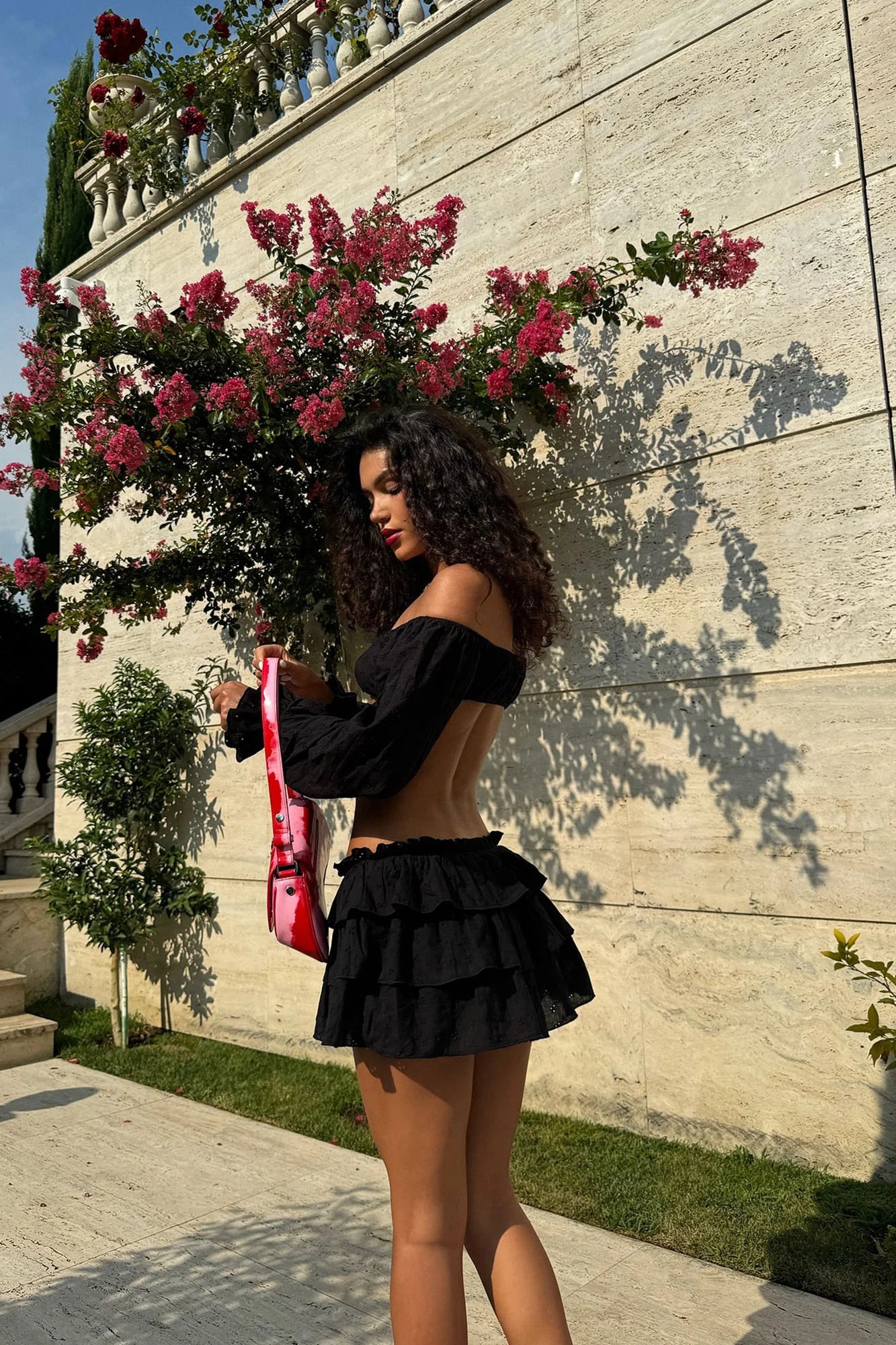 cherry micro skirt set- black