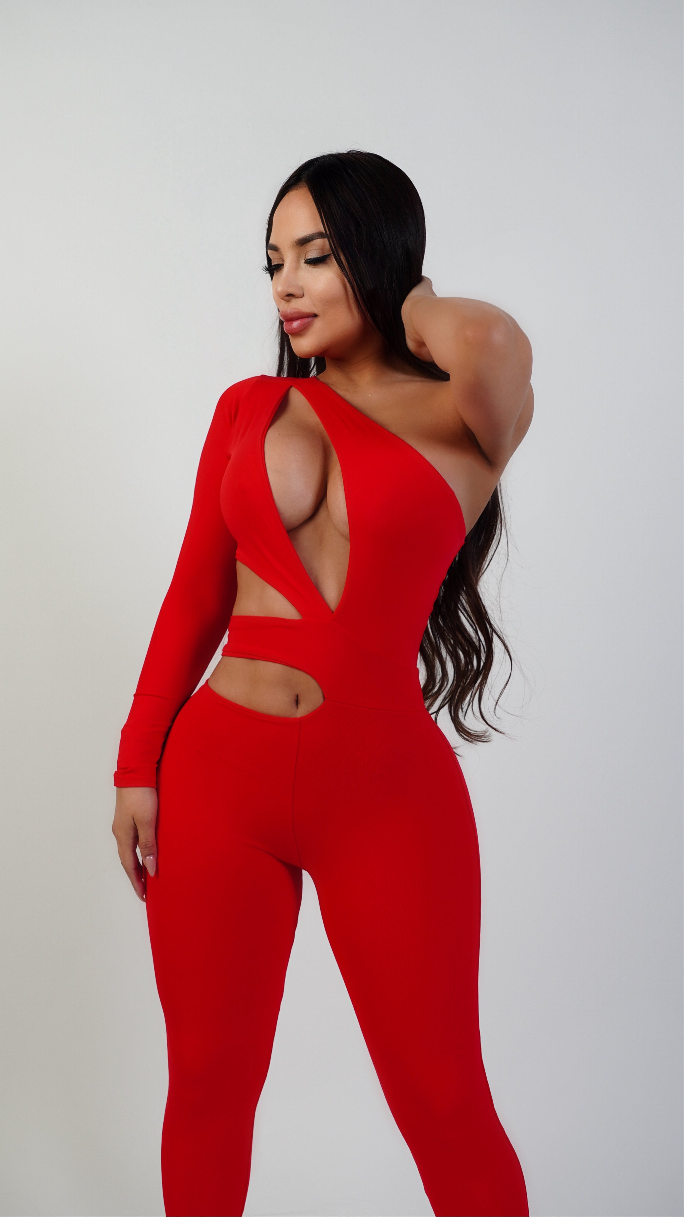 Long sleeve one shoulder jumpsuit- red